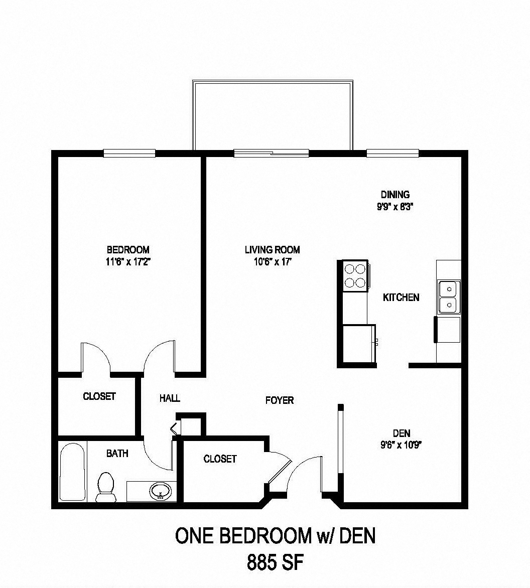 Floor plan for 1 bed, 1 bath, 885 sqft